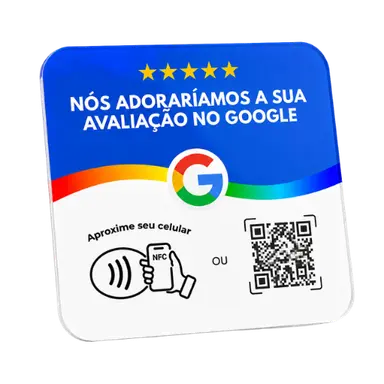 Placa Google azul e branca para avaliações, com NFC e QR Code