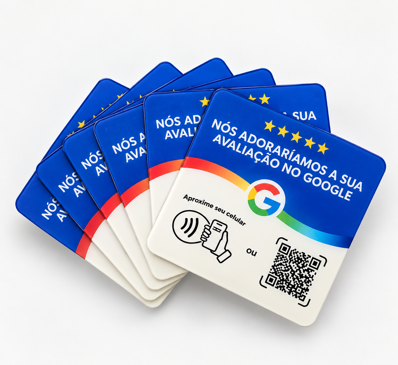 Placas Google azuis e brancas com NFC e QR Code